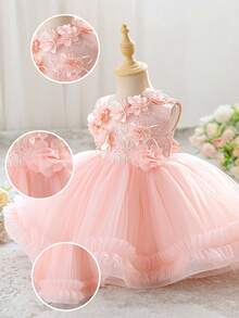 Đầm bé gái không tay thêu hoa 3D đính sequin, chất liệu lưới, dễ thương, thích hợp cho tiệc sinh nhật, lễ kỷ niệm, họp mặt gia đình. Không bao gồm băng đô cài tóc. - Màu Hồng baby - Xem 6