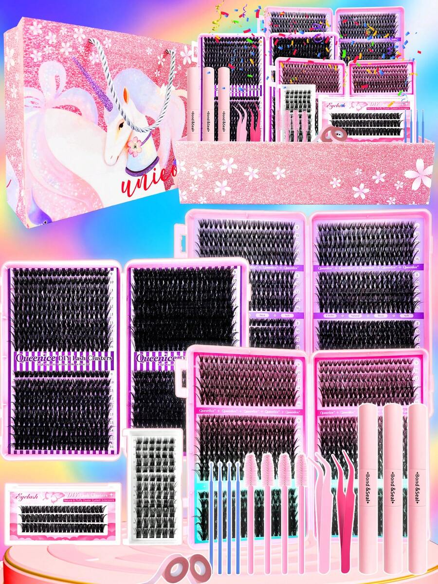 Queenice 20pcs/Set (2532pcs) False Eyelashes Gift Box, Extra Large Capacity, 30D-100D Lashes, Includes Glue, Applicator Tools And Auxiliary Tapes, Portable Travel Size, Suitable For DIY, Travel, Wedding, Party And Valentine's Day Gifts - Nhiều màu - Xem 1