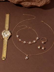6件套心形镶钻女士金表套装，石英女士珠宝手表组合，包括一块镶满钻石的金表、一条心形钻石手链、一条配套的心形项链、一枚金戒指和一副心形耳环。 - 金色 - 查看 5