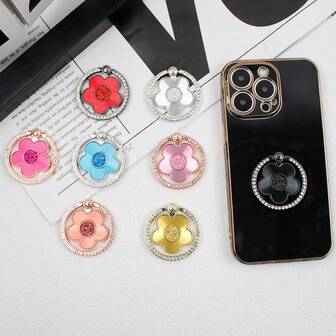 Rhinestone Folding Bracket Plum Blossom Glitter Adhesive Phone Holder, Grating Phone Ring Holder