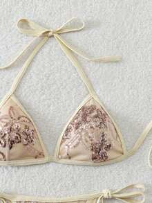 LOPIPILIU 女士夏季亮片比基尼套装，休闲沙滩泳装，挂脖式泳衣和侧系带比基尼泳装，性感派对嘉年华装扮 - 香檳色 - 查看 5