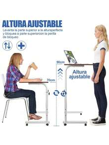 Mesa Auxiliar Elevable con Ruedas / Escritorio / Mesa de Estudio / Mesa para Laptop / Mesa de Jardín, 60 cm - Marrón - Ver 3