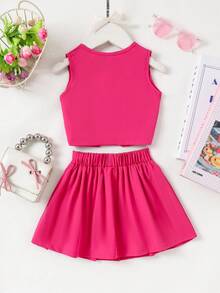 2件套女婴迷人短款开衫上衣+半裙套装，春夏款 - 玫紅色 - 查看 2