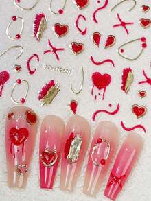 1 Sheet Valentine's Day Gold Red Heart Nails Polish Manicure Sticker DecalsLip Nail Art Stickers Adhesive Sliders DIY