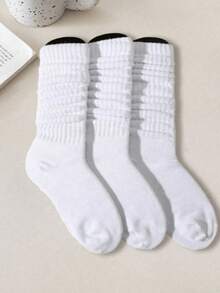 3 Pairs Women's Solid White Crew Socks, Versatile