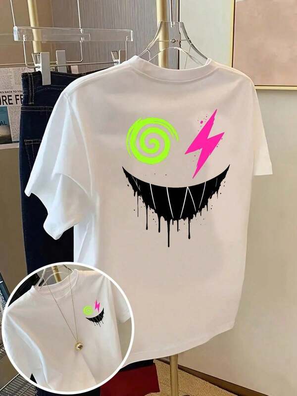 Camiseta Casual de Manga Corta para Mujer - Estampado de Rayo Espiral y Pintura Goteante, Blanco con Detalles en Verde Neón y Rosa, Corte Relajado Lavable a Máquina, Ropa de Primavera, Estilo Graffiti, Tejido Cómodo
