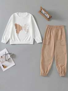 2 件套青少年女孩春秋长袖运动衫和工装裤套装，蝴蝶和字母印花，休闲，舒适，时尚 - 卡其色 - 查看 6