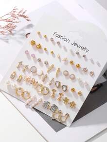 30 Pairs Fashion Simulated Pearls Heart Butterfly Flower Stud Earring Set For Girls Elegant Bowknot Geometric Drop Earrings Friendship Jewelry Party Gifts - Multicolor - View 6