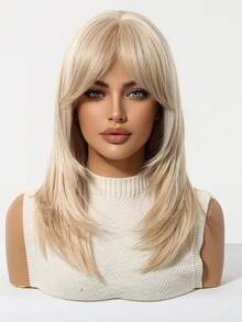 18英寸长直发浅金色假发，带刘海，层次分明，外观自然，耐热，适合女性日常佩戴、派对和时尚造型。