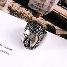 A Non-Fading Men's Ring Punk Hip-Hop Fashion High-End Chinese Style Men's Stainless Steel Ring Shakyamuni Buddha Head Ring Tathagata Buddha Face Ring SA815 - 銀色 - 查看 1