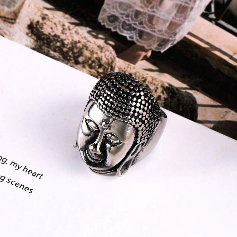A Non-Fading Men's Ring Punk Hip-Hop Fashion High-End Chinese Style Men's Stainless Steel Ring Shakyamuni Buddha Head Ring Tathagata Buddha Face Ring SA815 - 銀色 - 查看 1