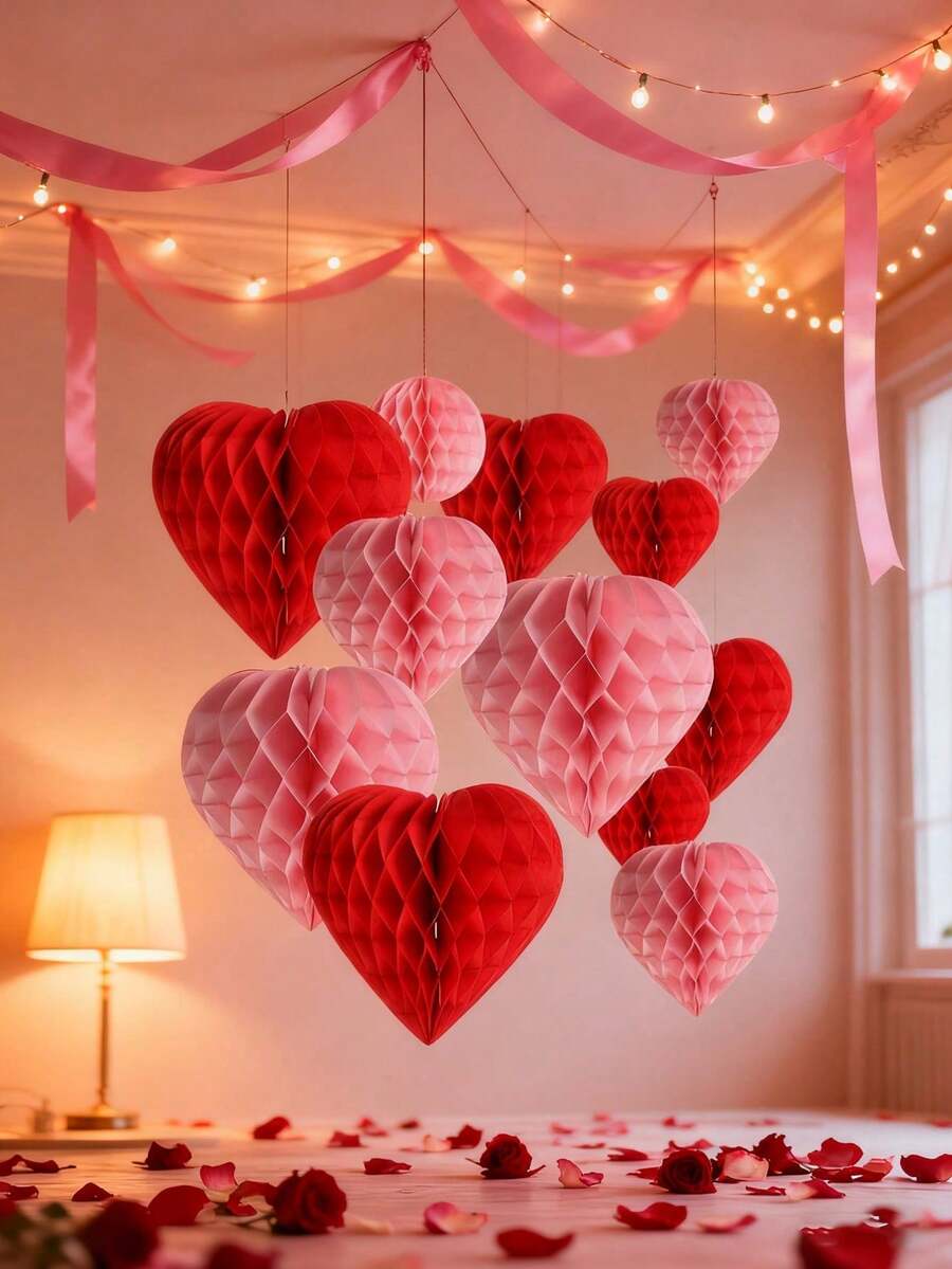 6个情人节蜂窝心形纸球，情人节造型蜂窝纸球，情人节派对装饰蜂窝球，适用于节日、商场、家居、办公室等场所，粉色和红色心形蜂窝球，适合情人节、婚礼派对装饰、生日派对装饰 - 彩色 - 查看 1