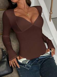 Vaiaye Women's Sexy Y2K Jumpsuit, V-Neck Long Sleeve Fitted Black Bodysuit, Suitable For Valentine's Day Wear, Spring/Summer - Brown - View 9