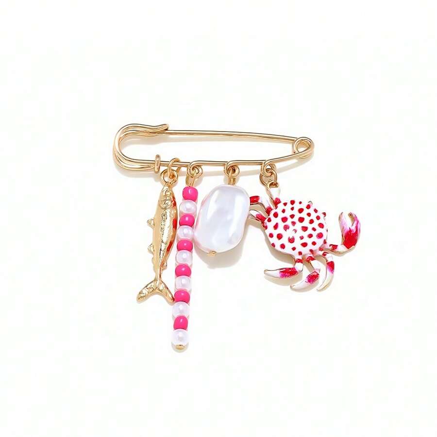 1pc Cute Cartoon Ocean Element Fish & Crab Pendant Brooch, Fashion Personalized Bag Clip Pin Accessory