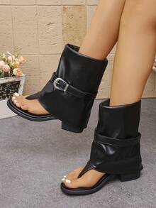 复古港式夏季新款时尚休闲舒适搭扣夹趾折叠中筒凉鞋，时尚街头风修身黑色凉鞋 - 黑色 - 查看 2