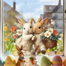 1张复古绅士兔手捧彩蛋窗贴，可移除PVC材质，适用于春季复活节卧室、客厅、阳台和商店橱窗装饰 - 彩色 - 查看 8