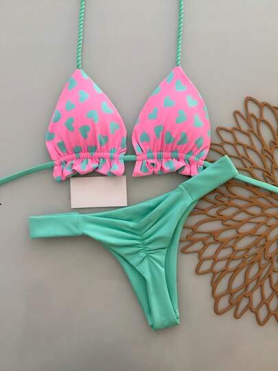 2pcs Bohemian Tie-Dye Contrast Trim Bikini Swimwear, Casual, Cute, Elegant, Sexy, Beach Vacation, Spring/Summer Pink