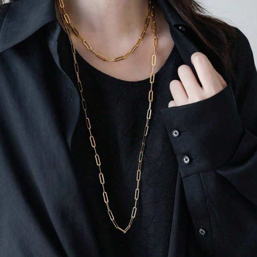 Light Fine Chain Simple Chain Layered Cross Long Titanium Steel Necklace For Women, Simple And Versatile, Non-Fading Set - 彩色 - 查看 1