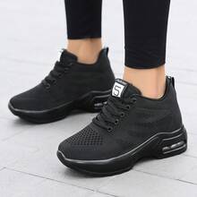 女士黑色针织气垫运动鞋，透气软底休闲户外鞋