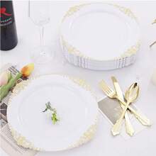 50/25/12pcs Gold Plastic Dinnerware Set, 10.25" Dinner Plates/7.5" Dessert Plates, White Base With Gold Embossed Dragon Pattern Plates, Reusable Party Plates, Fruit/Cake Trays, Chargers, Space-Saving Stackable, Ideal For Weddings, Parties, Birthday Gatherings, Outdoor Garden Parties, Christmas, Thanksgiving Dinners - Gold - View 8