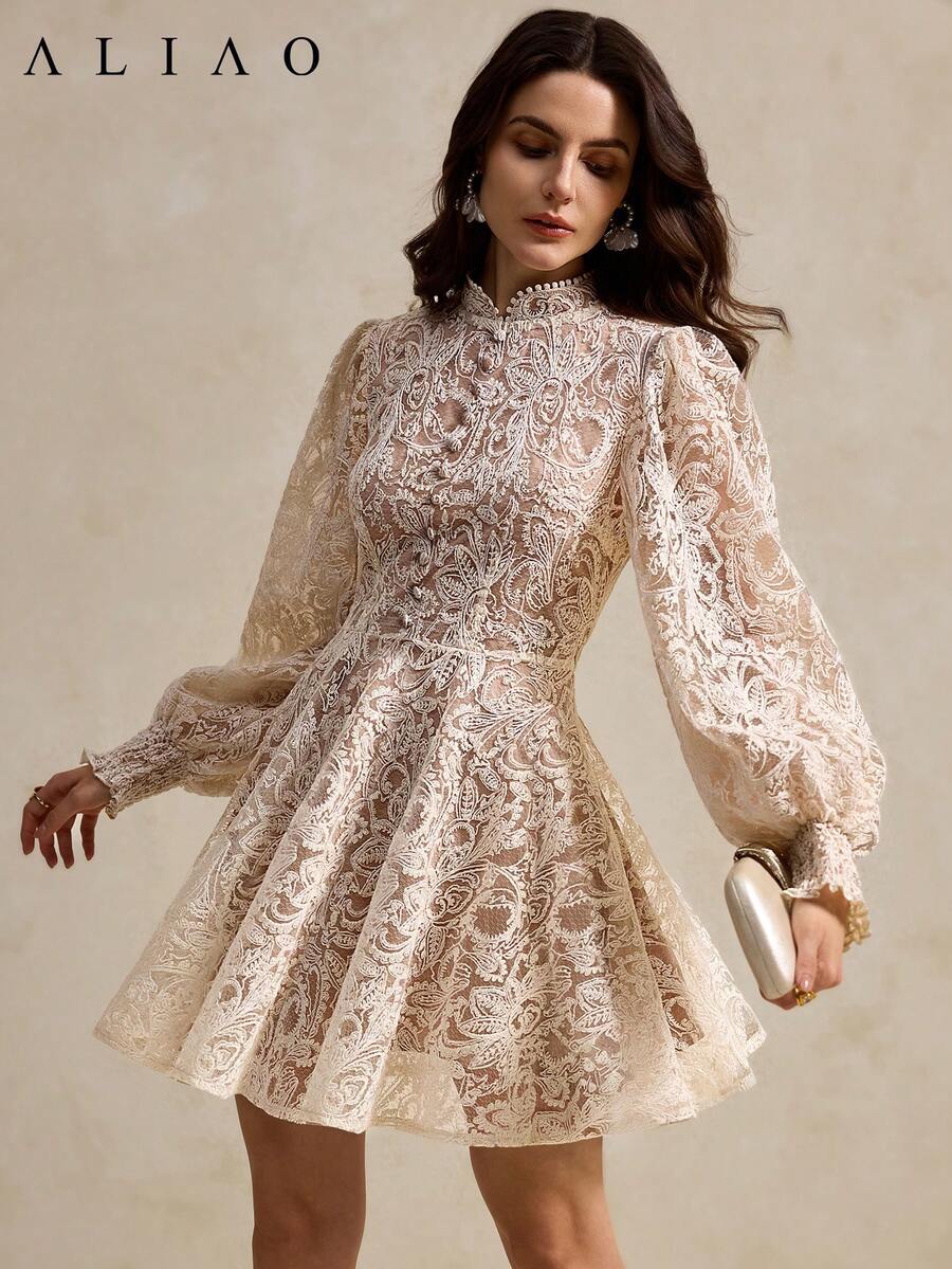 Aliao Elegant Paisley Embroidered See-Through Bubble-Sleeve Dress, Modest Dresses For Women, Old Money Style, Skirt For Ladies, Prom Party Dress, Homecoming Dress, Court Style, New Year, Valentine's Day Outfit, Elegant Ladies, Beach Outfit, Thanksgiving Outfit, Graduation - Apricot - View 1