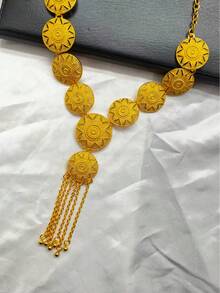 1 Necklace, 1 Bracelet, 1 Pair Of Earrings, 1 Ring - 4pcs/Set Fashionable Women's Gold-Plated Round Tassel Pendant Jewelry Set, Suitable For European, Middle Eastern, Dubai, Saudi Arabia, African Bride, Wedding, Party, Date, Halloween, Mother's Day, Wedding Season, Graduation Season, Christmas, New Year, Valentine's Day Holiday Gifts, Necklace, Earrings, Bracelet, Alloy Jewelry - Yellow Gold - View 3