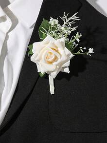 1朵白色玫瑰花搭配泡沫满天星，浪漫花束胸花/腕带，适合新郎、新娘、伴郎、伴娘、婚礼装饰、正式场合、派对、情人节配饰