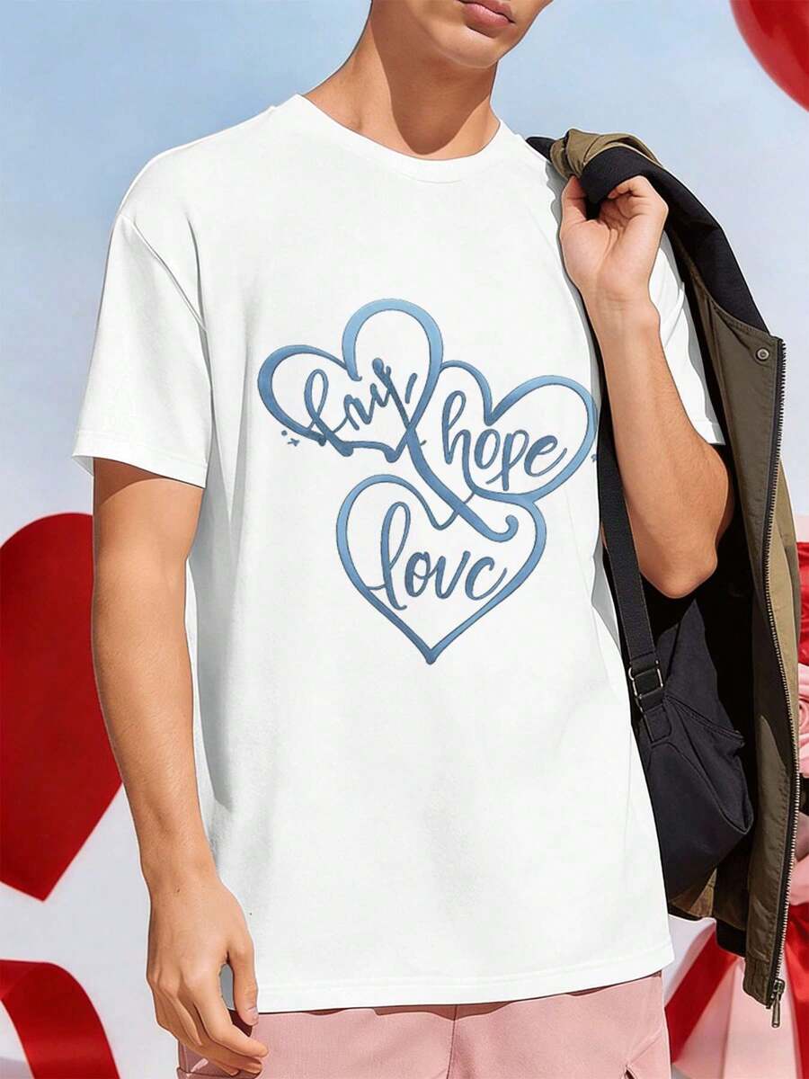 T-shirt blanc à imprimé cœur << Hope Love » pour l'automne, col rond, coupe décontractée, style hip-hop urbain, confortable, imprimé original - Blanc - Voir 1