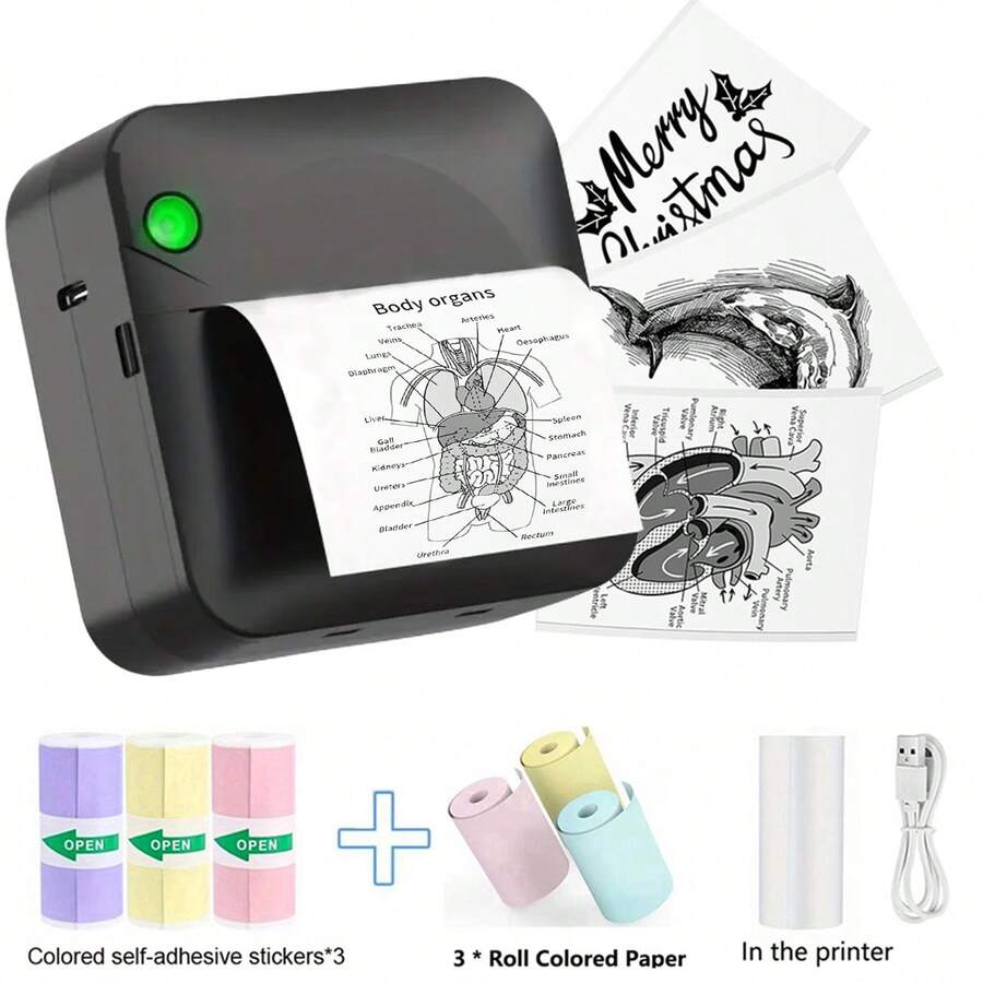 Máy in mini, máy in nhãn nhiệt cầm tay kèm 1 cuộn giấy, tương thích với hệ điều hành iOS và Android, máy in nhãn dùng để ghi chú học tập, in ảnh, làm đồ thủ công, viết nhật ký.