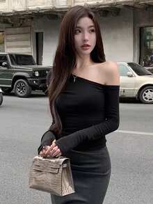 性感露肩修身长袖露脐上衣 - 黑色 - 查看 5