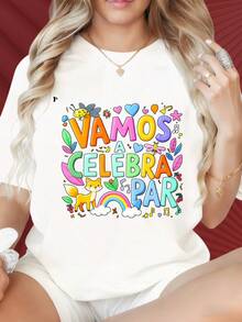 Women's T-Shirts With Round Neck And Short Sleeves Have Interesting Printed Patterns. Vamos A Celebra Par Colorful Rainbow Fox And Flowers Graphic T Shirt For Women Fun Party Celebration Design Black Crewneck TopSuitable For Christmas Partysports Activitiesholiday Partiesoutingssports And Other Holiday Gifts (220g). - 白色 - 查看 2
