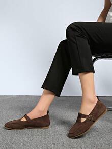 Japanese Style Mary Jane Shoes For Women, Square Toe Flat Slip-On Loafers, Versatile, Spring/Autumn - Brown - View 2