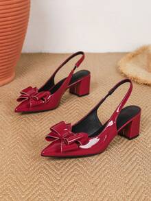 春季新款时尚女士尖头婚鞋，粗跟蝴蝶结凉鞋，休闲舒适女鞋 - 紅色 - 查看 6