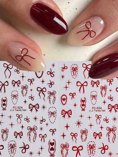 Red Bow & Heart-Shaped Nail Stickers, Valentine's Day Stickers, Red Bow Star-Chain Diamond Pattern, Sweet French Festival Red Bow Nail Stickers, Bow Nail Stickers, Red Heart-Shaped Nail Stickers, Y2K Design Style Nail Stickers