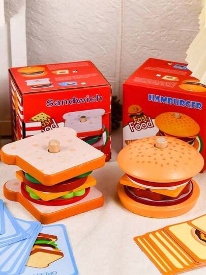 [Wooden Hamburger Toy] Kizh Wooden Hamburger Sorting & Stacking Toy | Educational Fine Motor Skills Toy, Includes Colorful Hamburger Parts, Order Cards And Pegboard | Preschool Gift For Boys & Girls, Ideal For Christmas, Thanksgiving And Halloween