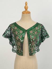 1件格子亮片网纱披肩短款斗篷，适合派对晚礼服搭配