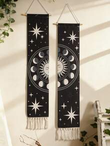 1件/2件套月亮星星挂毯，黑白星空横幅，波西米亚风竖款挂毯，客厅卧室装饰，月相星空图案挂毯，流苏布艺壁挂，神秘占星家居装饰，时尚星空墙饰 - 彩色 - 查看 3