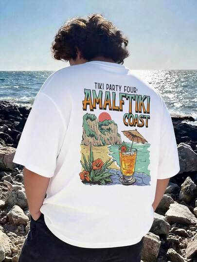 AnChiStreetwear - 大码男士印花T恤，果汁和沙滩图案印花，休闲街头风和假日风T恤，白色印花T恤