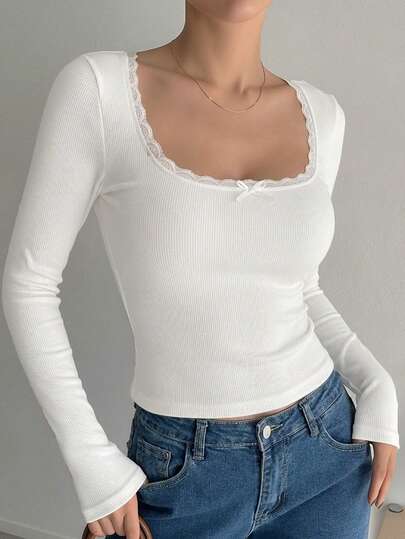 Blusa de encaje de manga larga y sexy para mujer - Camisa de ajuste ceñido con detalles elegantes de encaje