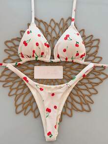 Cherry Print Spaghetti Strap Bikini Set, Suitable For Summer Beach Vacation - Multicolor - View 1
