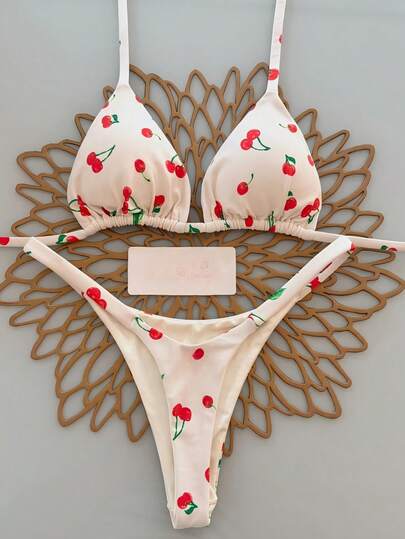 Cherry Print Spaghetti Strap Bikini Set, Suitable For Summer Beach Vacation