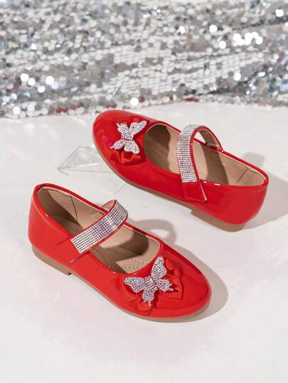 3-14 Years Old Girls' Lacquered Flat Shoes With Red Crystal Bow Decor, Round Toe, Hook And Loop Design, Comfortable TPR Sole, Elegant Shiny Princess Shoes Suitable For Birthday Party, School Events