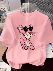 Women's Casual T-Shirt With Cartoon Character Print, Soft Fabric, Loose Fit, Round Neck, Short Sleeves, Spring-Summer, Everyday Wear, , Chic, Youth Fashion, Comfortable, 2026, Casual Clothing - Rosa - 查看 1