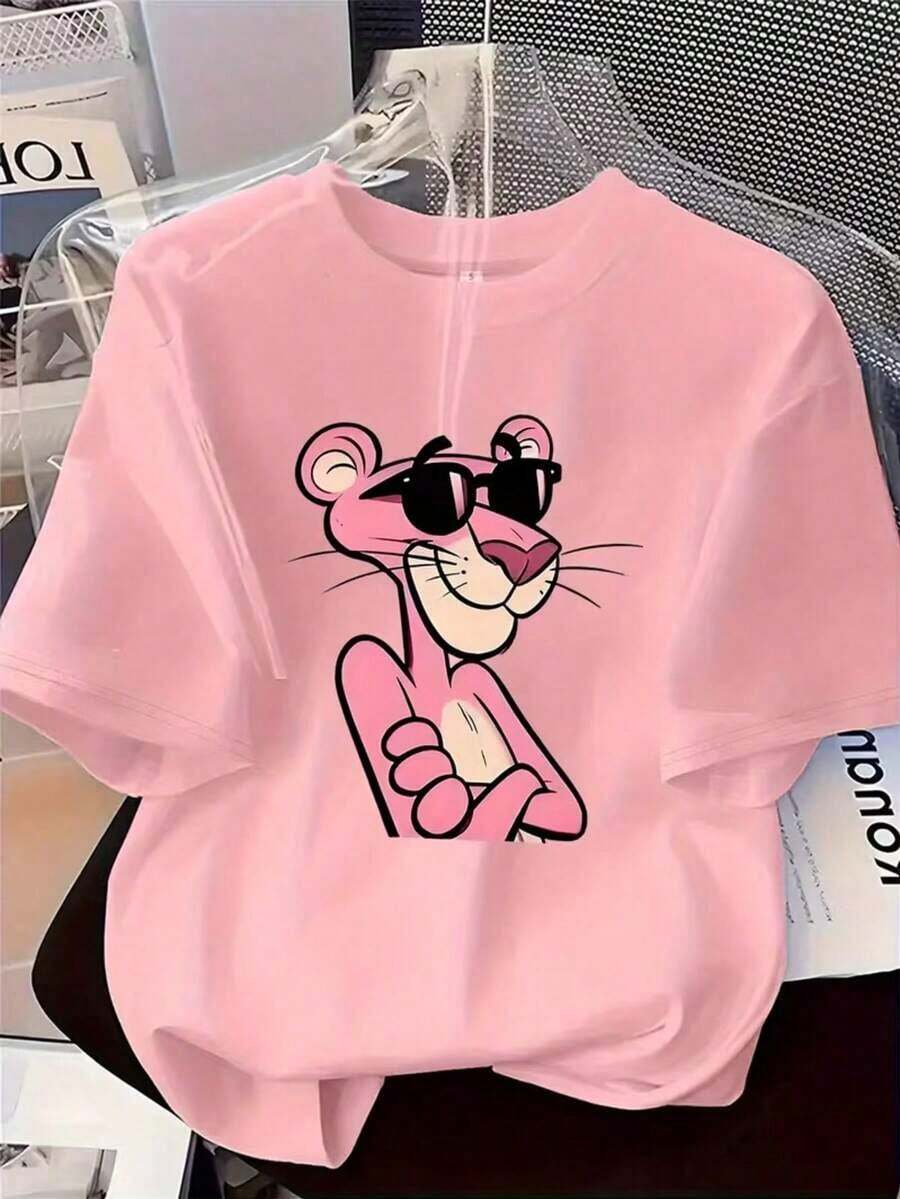 Women's Casual T-Shirt With Cartoon Character Print, Soft Fabric, Loose Fit, Round Neck, Short Sleeves, Spring-Summer, Everyday Wear, , Chic, Youth Fashion, Comfortable, 2026, Casual Clothing - Rosa - 查看 1