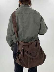 Y2K Personalized Retro Frosted Women's Tote Bag, Large Capacity Front Pocket Street Shoulder Bag, Detachable Shoulder Strap Fashionable Crossbody Bag, Very Suitable For Daily Use - Coffee - View 9