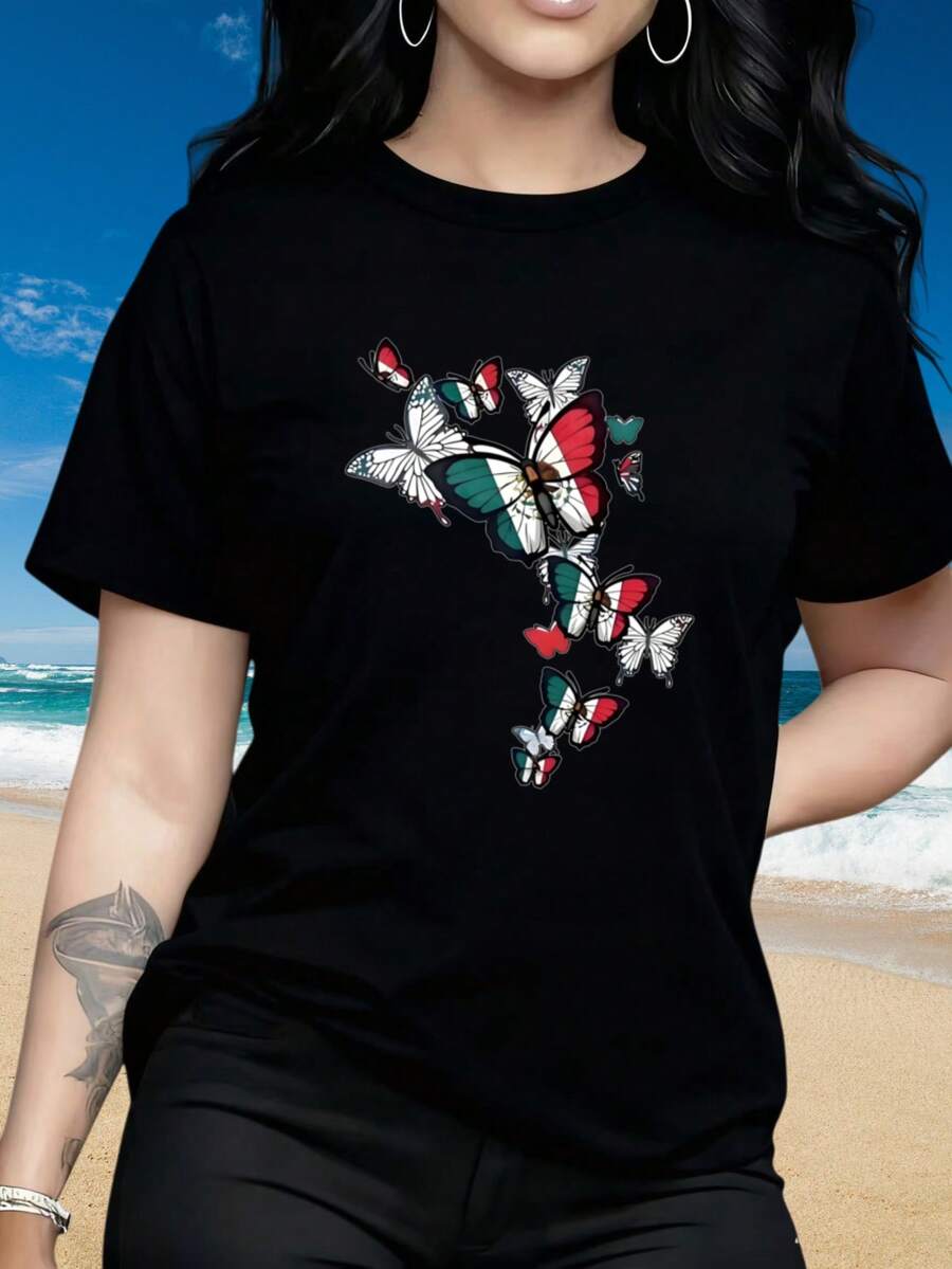 Women's Round Neck Short Sleeve T-ShirtMexico Flag Butterflies Design Black T Shirt Women Beach Casual WearFun Prints Are Suitable For Valentine's DayChristmas Partysports Activitiesholiday Partiesoutingssports And Other Holiday Gifts (220g). - Black - View 1