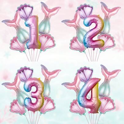 6件套美人鱼主题数字套装，包括美人鱼尾巴、数字0-9、粉色贝壳、紫色贝壳，适合儿童生日、生日派对、朋友聚会、美人鱼主题派对、海洋主题派对，室内/室外拍照道具。