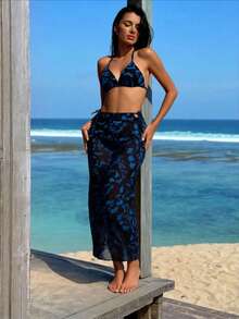 女士性感印花吊带露脐上衣、高腰半裙和比基尼三件套泳装，夏季海滩度假海岛风情 - 彩色 - 查看 3