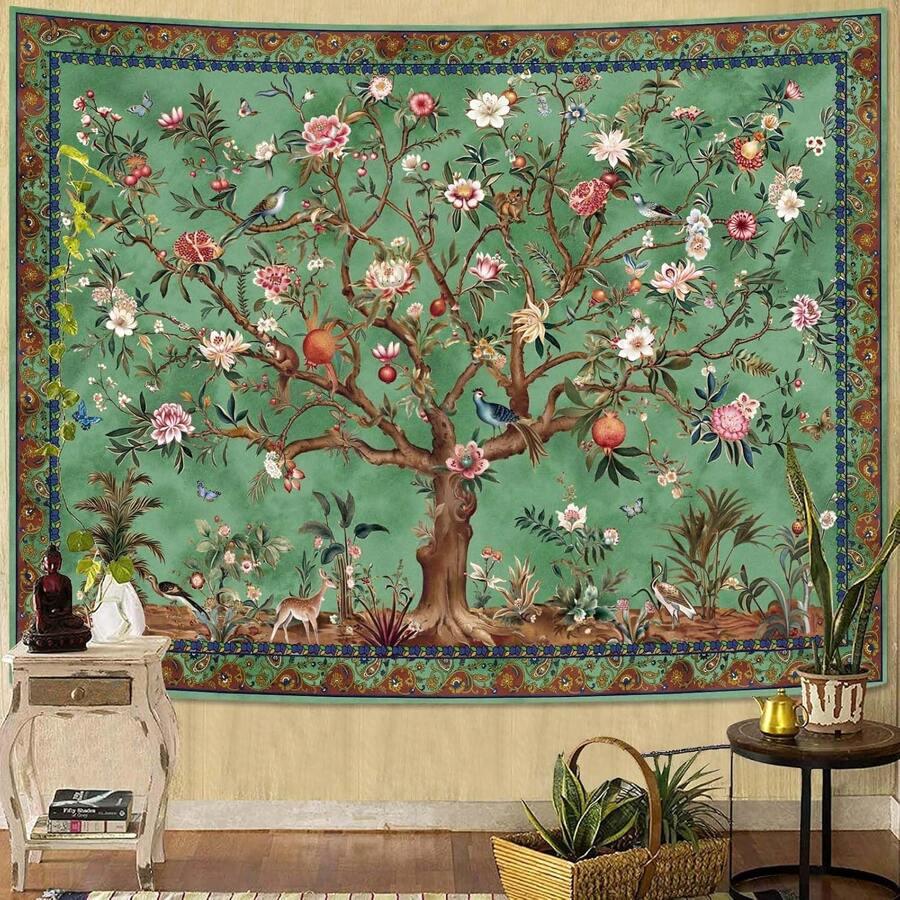 Boho Tree Of LIfe Tapestry, Vintage Flower Leaves Birds Plant Animal Pattern Tapestries, Retro Bohemian Aesthetic Wall Hanging Green 40"L X 30"W - 多色-4 - 查看 1