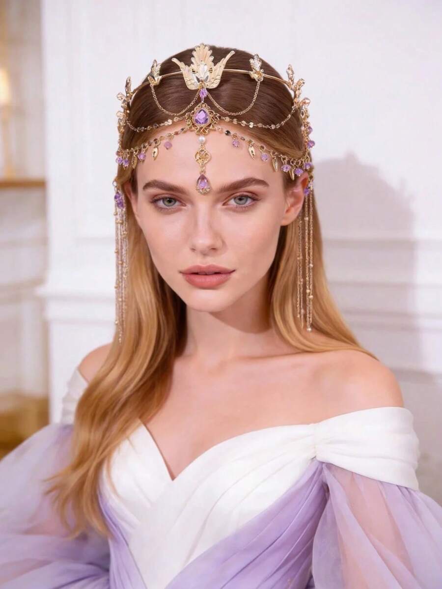 1件装女士紫色水晶流苏头饰，新娘婚礼头箍，派对/活动发饰，情人节配饰 - 紫色 - 查看 1